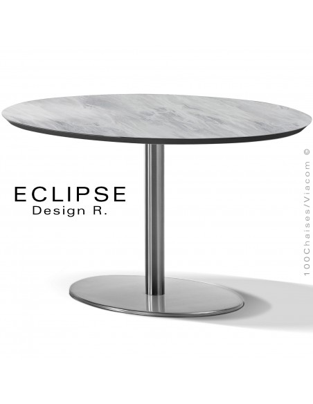 Table ovale ECLIPSE sur pied central inox, plateau stratifié HPL marbre blanc, chant plateau couleur noir.