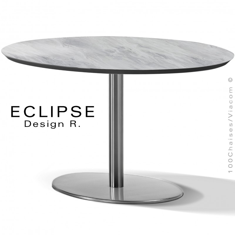 Table ovale ECLIPSE sur pied central inox, plateau stratifié HPL marbre blanc, chant plateau couleur noir.