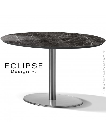 Table ovale ECLIPSE sur pied central inox, plateau stratifié HPL marbre noir, chant plateau couleur noir.