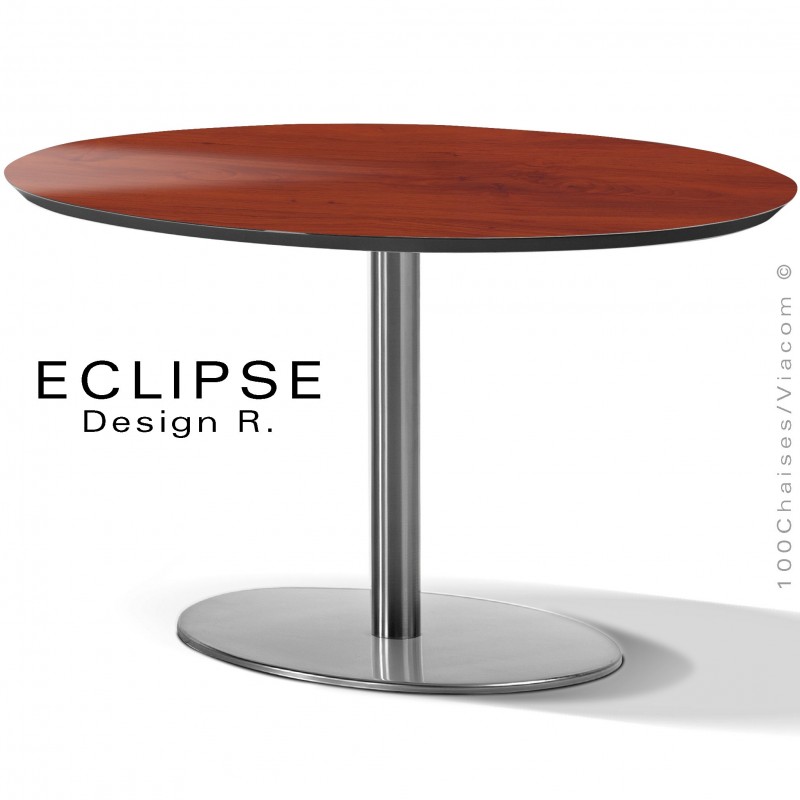 Table ovale ECLIPSE sur pied central inox, plateau stratifié HPL merisier ambré, chant plateau couleur noir.