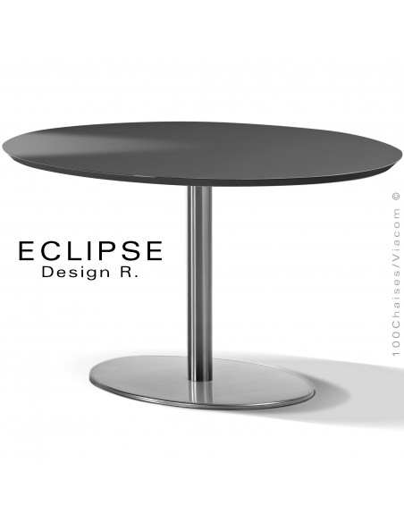Table ovale ECLIPSE sur pied central inox, plateau stratifié HPL noir texturé, chant plateau couleur noir.