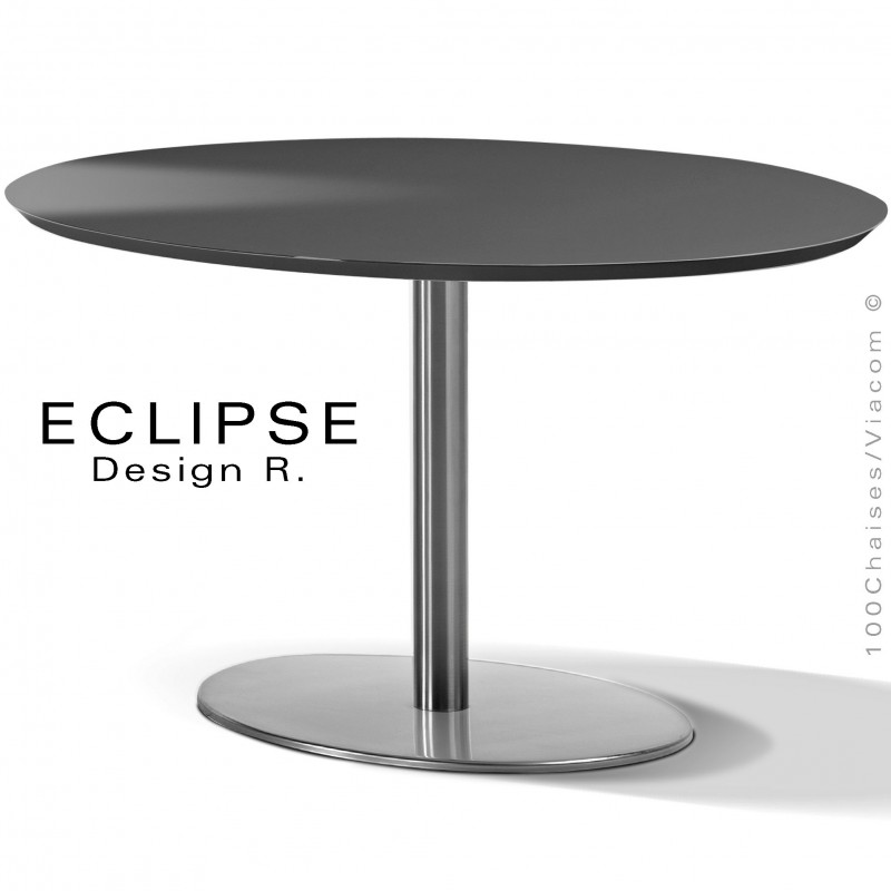 Table ovale ECLIPSE sur pied central inox, plateau stratifié HPL noir texturé, chant plateau couleur noir.