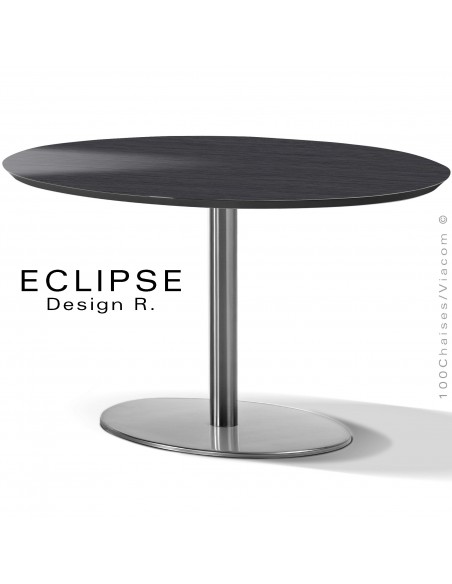 Table ovale ECLIPSE sur pied central inox, plateau stratifié HPL noir veiné profond, chant plateau couleur noir.