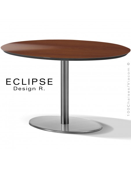 Table ovale ECLIPSE sur pied central inox, plateau stratifié HPL noyer perlé, chant plateau couleur noir.