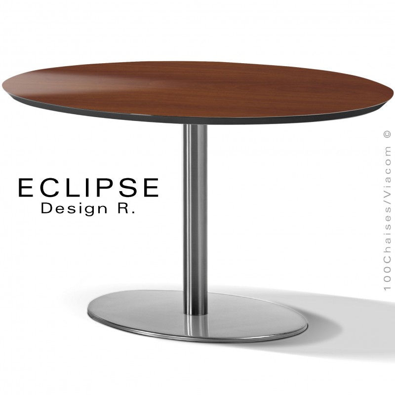 Table ovale ECLIPSE sur pied central inox, plateau stratifié HPL noyer perlé, chant plateau couleur noir.