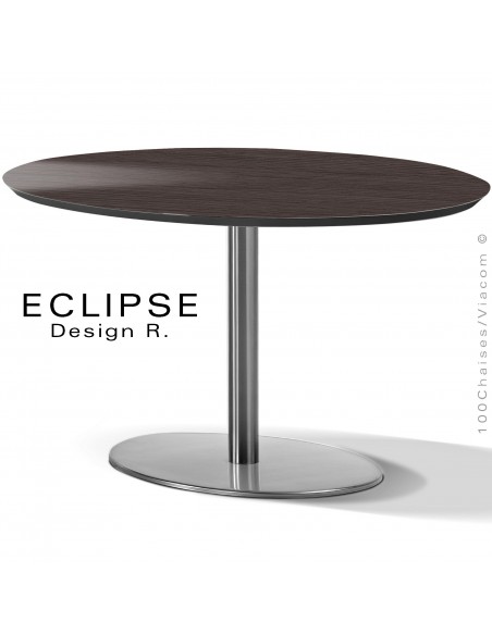 Table ovale ECLIPSE sur pied central inox, plateau stratifié HPL noyer veiné, chant plateau couleur noir.