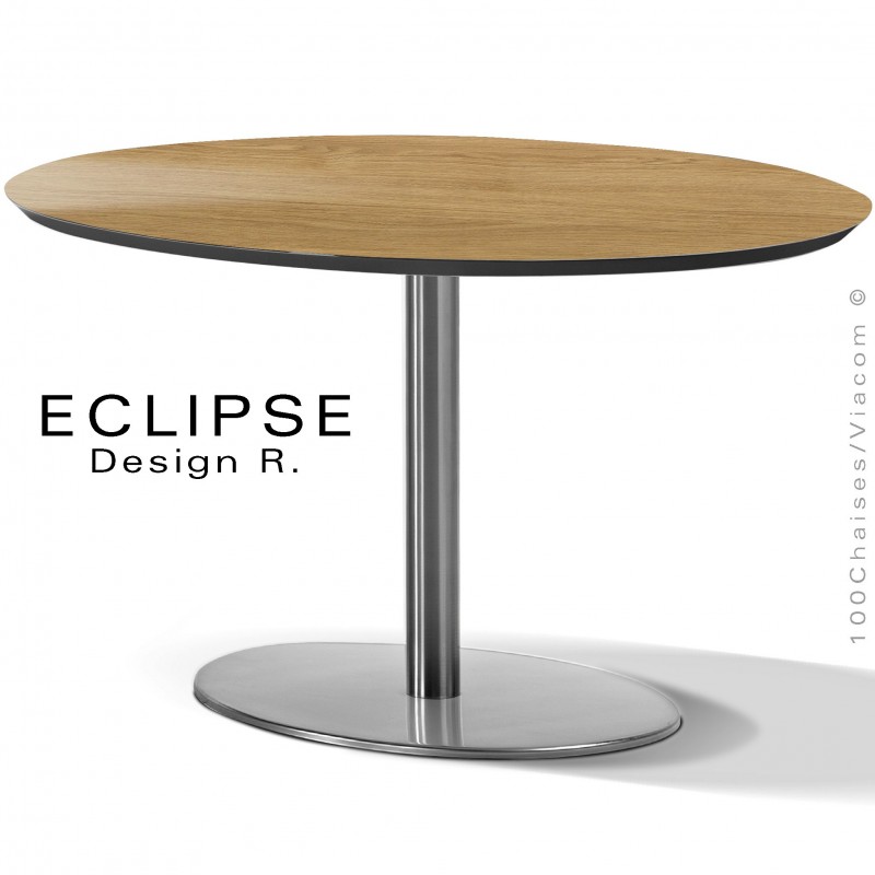 Table ovale ECLIPSE sur pied central inox, plateau stratifié HPL orme clair, chant plateau couleur noir.