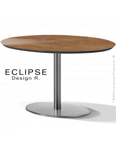 Table ovale ECLIPSE sur pied central inox, plateau stratifié HPL orme de Nancy, chant plateau couleur noir.