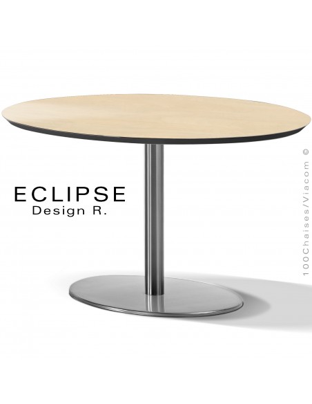 Table ovale ECLIPSE sur pied central inox, plateau stratifié HPL pommier de Deauville, chant plateau couleur noir.