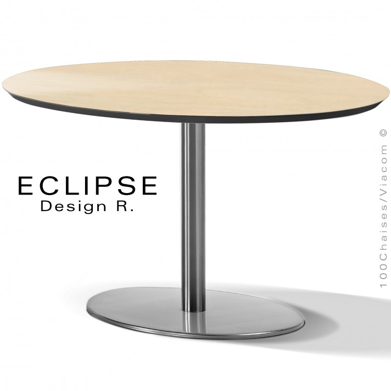 Table ovale ECLIPSE sur pied central inox, plateau stratifié HPL pommier de Deauville, chant plateau couleur noir.