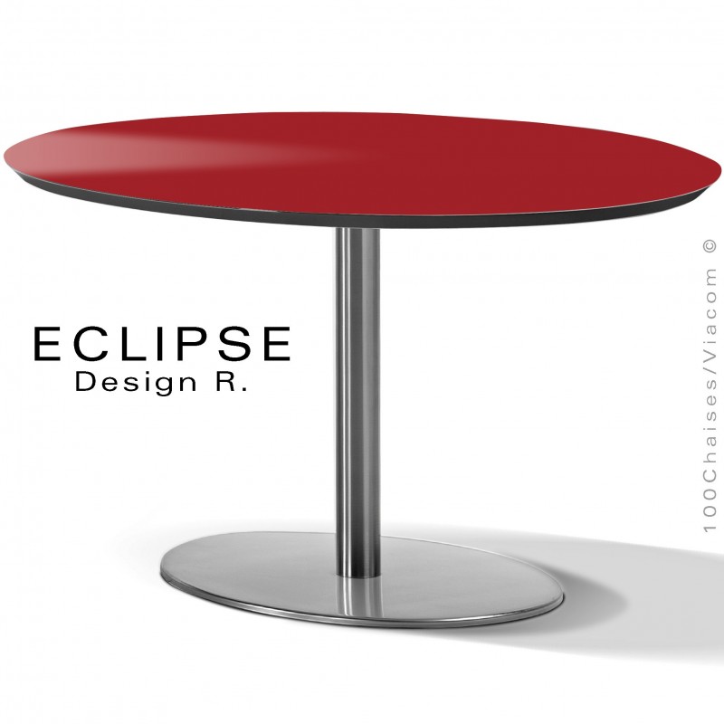Table ovale ECLIPSE sur pied central inox, plateau stratifié HPL rouge, chant plateau couleur noir.
