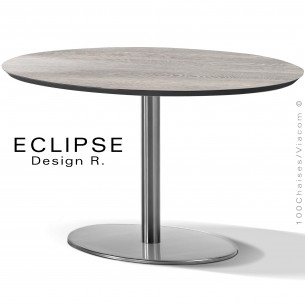 Table ovale ECLIPSE sur pied central inox, plateau stratifié HPL wengé blanc cérusé, chant plateau couleur noir.