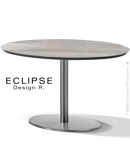 Table ovale ECLIPSE sur pied central inox, plateau stratifié HPL wengé blanc cérusé, chant plateau couleur noir.