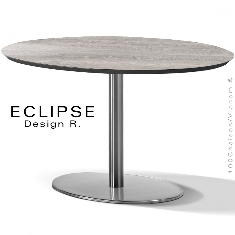 Table ovale ECLIPSE sur pied central inox, plateau stratifié HPL wengé blanc cérusé, chant plateau couleur noir.