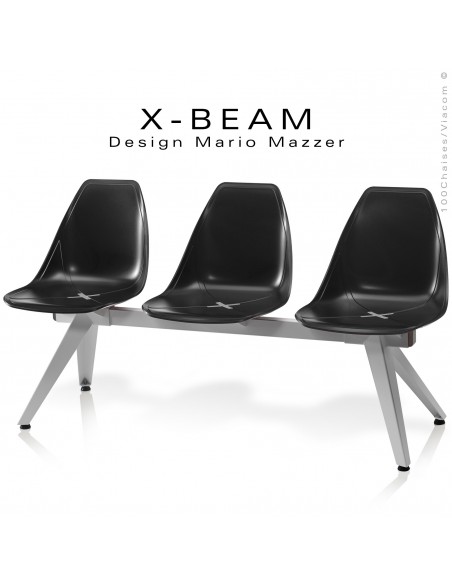 Banc design X-BEAM, structure acier peint gris-argent, assise coque plastique couleur noir avec incrustation bois.