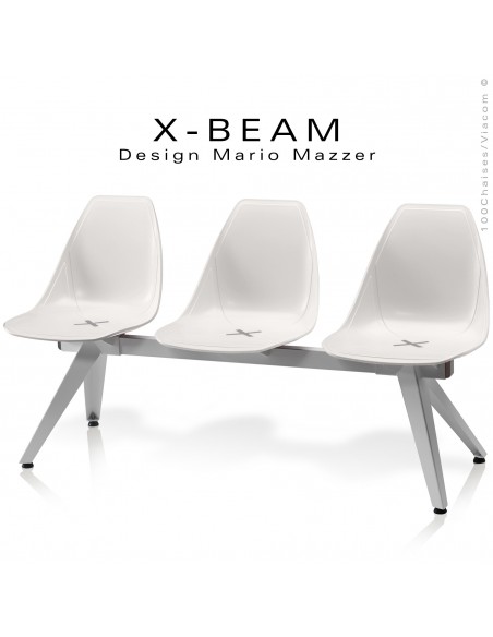Banc design X-BEAM, structure acier peint gris-argent, assise coque plastique couleur blanche avec incrustation bois.