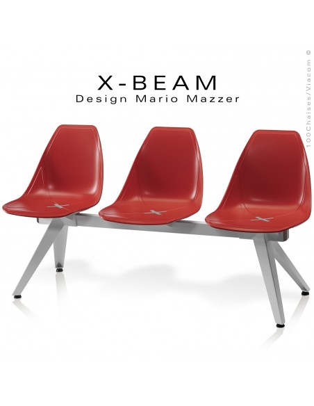Banc design X-BEAM, structure acier peint gris-argent, assise coque plastique couleur rouge avec incrustation bois.