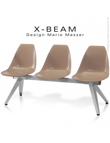 Banc design X-BEAM, structure acier peint gris-argent, assise coque plastique couleur sable avec incrustation bois.