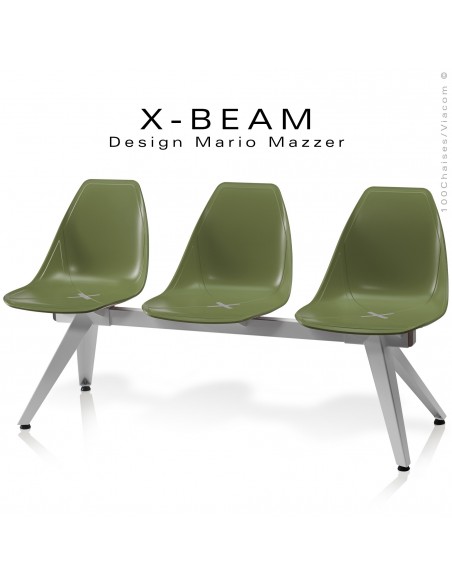 Banc design X-BEAM, structure acier peint gris-argent, assise coque plastique couleur kaki avec incrustation bois.