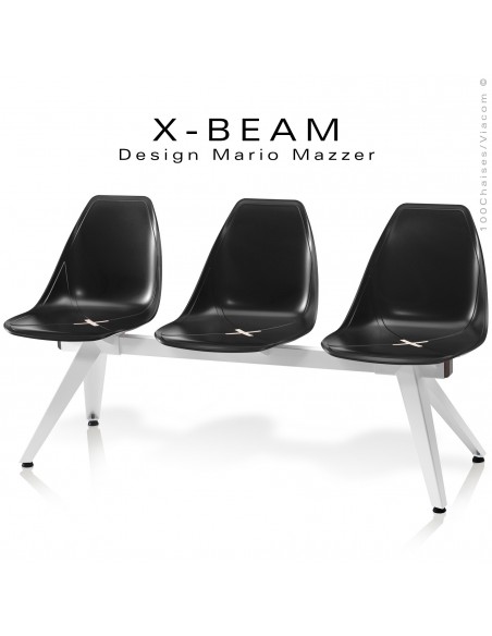 Banc design X-BEAM, structure acier peint blanc, assise coque plastique couleur anthracite avec incrustation bois.