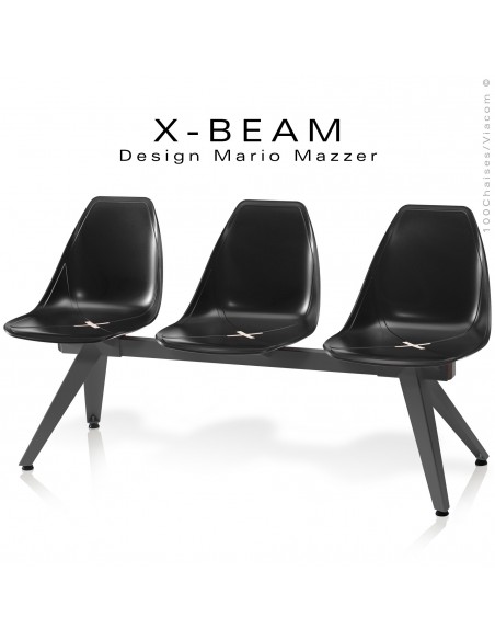 Banc design X-BEAM, structure acier peint anthracite, assise coque plastique couleur anthracite avec incrustation bois.