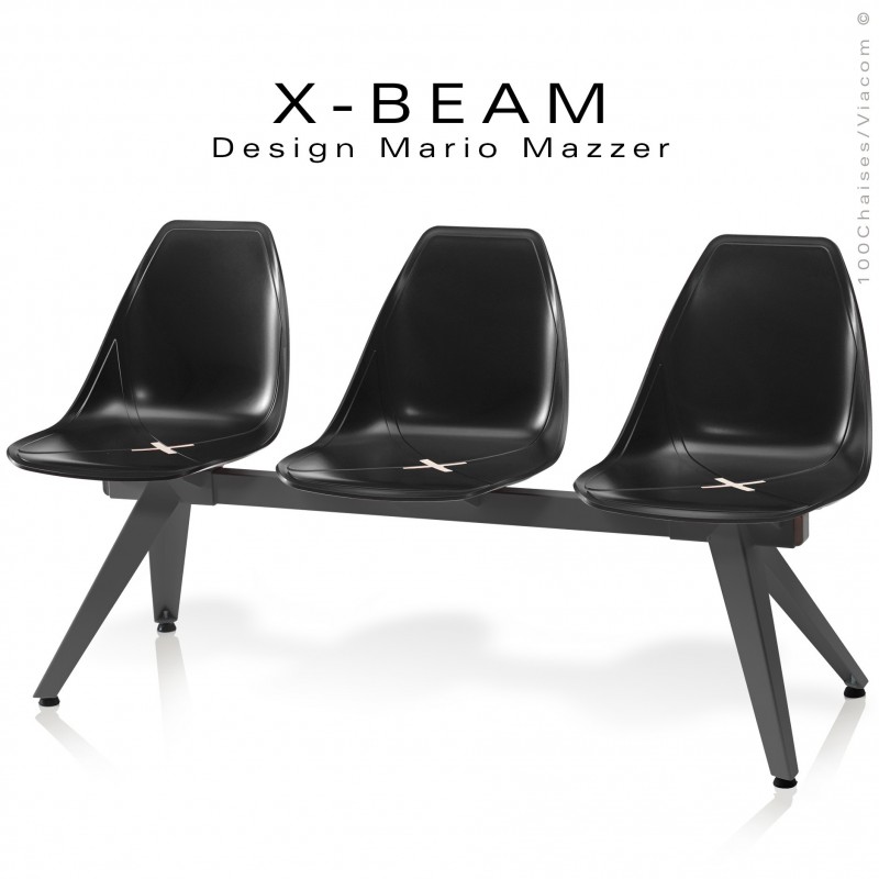 Banc design X-BEAM, structure acier peint anthracite, assise coque plastique couleur anthracite avec incrustation bois.