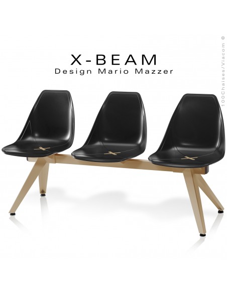 Banc design X-BEAM, structure acier peint sable, assise coque plastique couleur anthracite avec incrustation bois.