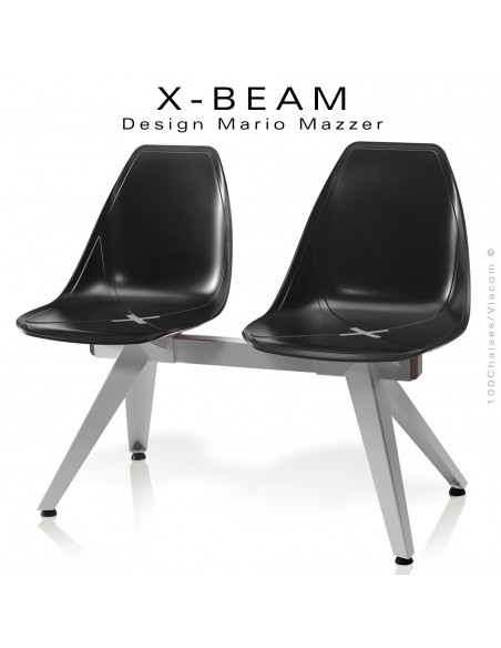 Banc design X-BEAM, structure acier peint gris-argent, assise coque plastique anthracite avec incrustation bois.