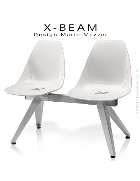 Banc design X-BEAM, structure acier peint gris-argent, assise coque plastique blanc avec incrustation bois.