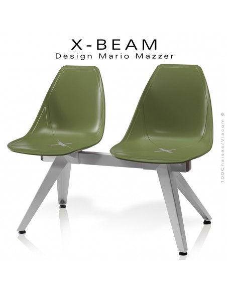 Banc design X-BEAM, structure acier peint gris-argent, assise coque plastique kaki avec incrustation bois.