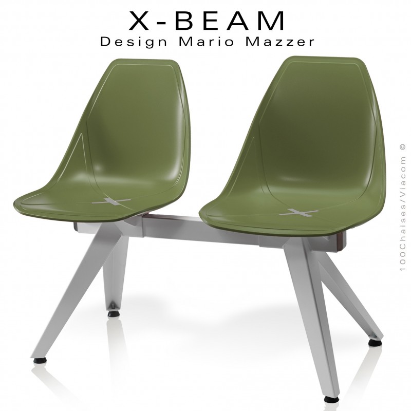 Banc design X-BEAM, structure acier peint gris-argent, assise coque plastique kaki avec incrustation bois.