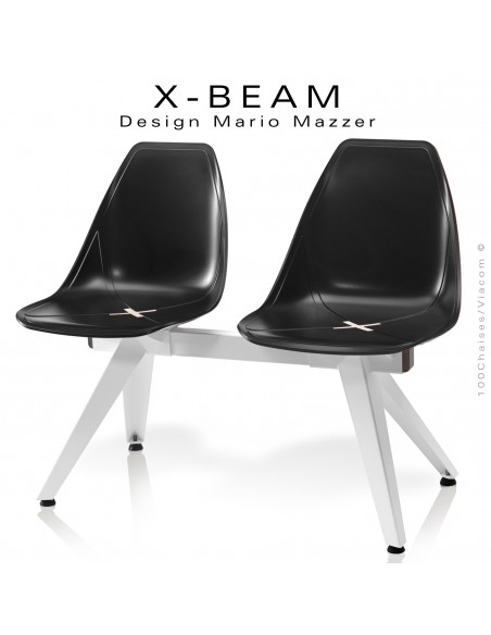 Banc design X-BEAM, structure acier peint blanc, assise coque plastique anthracite avec incrustation bois.