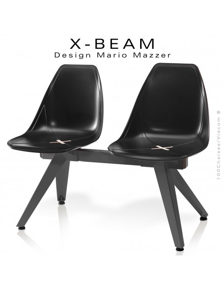 Banc design X-BEAM, structure acier peint anthracite, assise coque plastique anthracite avec incrustation bois.