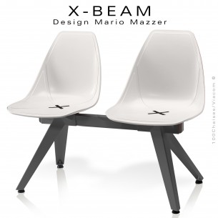 Banc design X-BEAM, structure acier peint anthracite, assise coque plastique blanc avec incrustation bois.