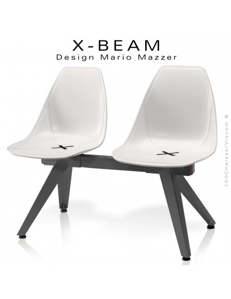 Banc design X-BEAM, structure acier peint anthracite, assise coque plastique blanc avec incrustation bois.