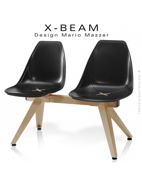 Banc design X-BEAM, structure acier peint sable, assise coque plastique anthracite avec incrustation bois.