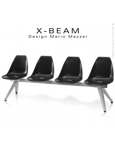 Banc design X-BEAM, structure acier peint gris-argent, assise coque plastique couleur anthracite avec incrustation bois.
