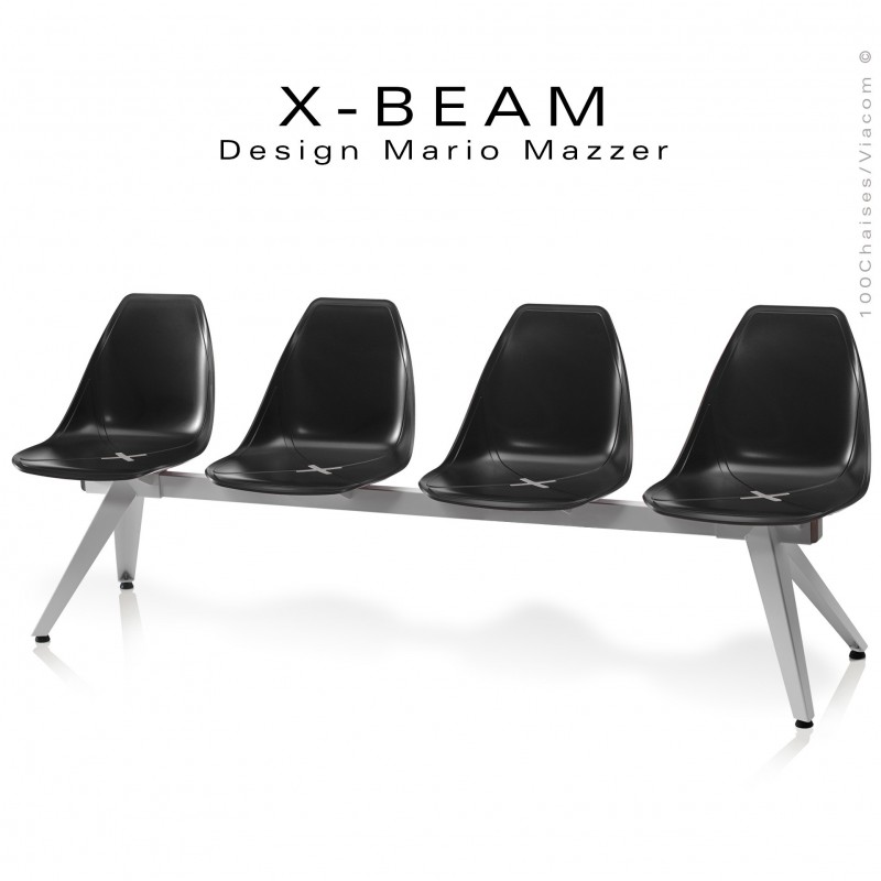Banc design X-BEAM, structure acier peint gris-argent, assise coque plastique couleur anthracite avec incrustation bois.