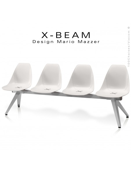 Banc design X-BEAM, structure acier peint gris-argent, assise coque plastique couleur blanc avec incrustation bois.