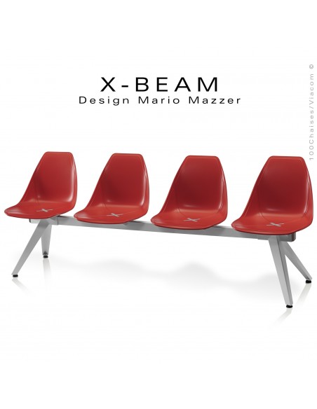 Banc design X-BEAM, structure acier peint gris-argent, assise coque plastique couleur rouge avec incrustation bois.