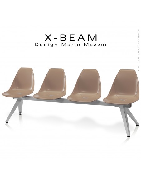 Banc design X-BEAM, structure acier peint gris-argent, assise coque plastique couleur sable avec incrustation bois.