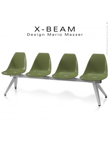 Banc design X-BEAM, structure acier peint gris-argent, assise coque plastique couleur kaki avec incrustation bois.