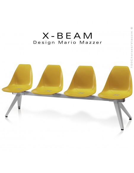 Banc design X-BEAM, structure acier peint gris-argent, assise coque plastique couleur jaune d'or avec incrustation bois.