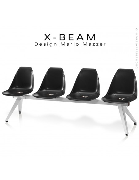Banc design X-BEAM, structure acier peint blanc, assise coque plastique couleur anthracite avec incrustation bois.