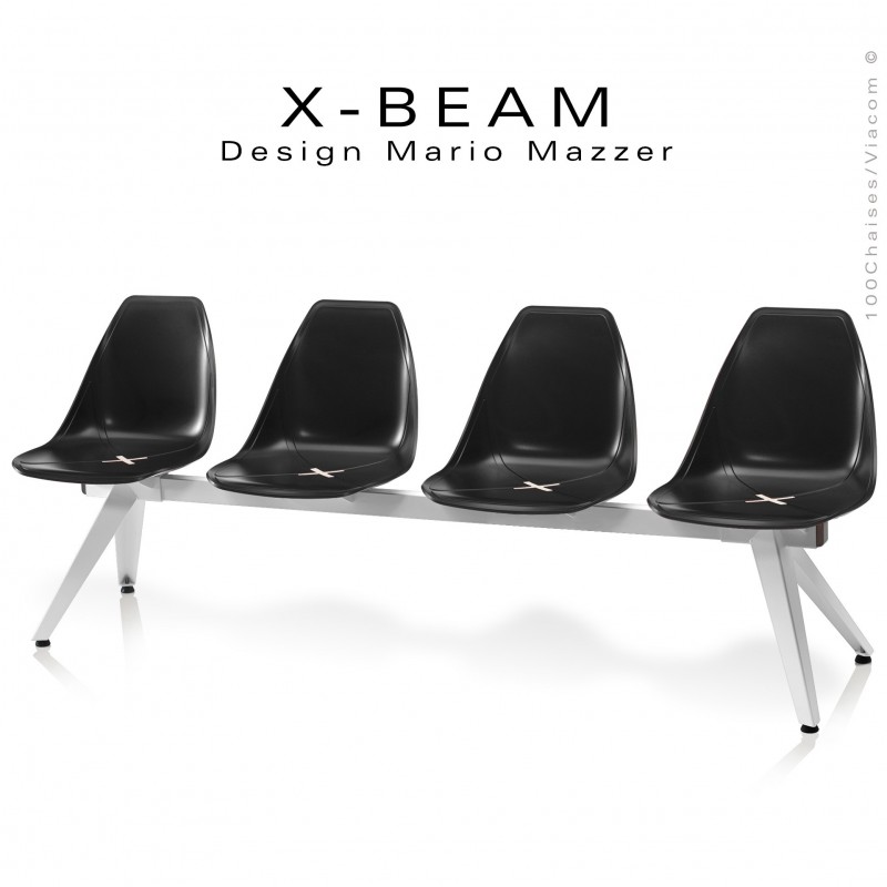 Banc design X-BEAM, structure acier peint blanc, assise coque plastique couleur anthracite avec incrustation bois.