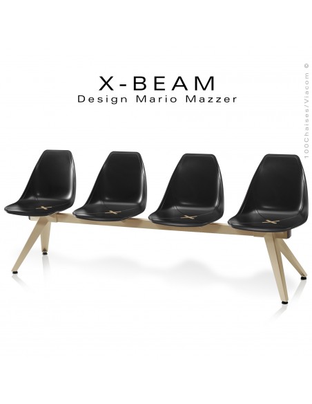 Banc design X-BEAM, structure acier peint sable, assise coque plastique couleur anthracite avec incrustation bois.