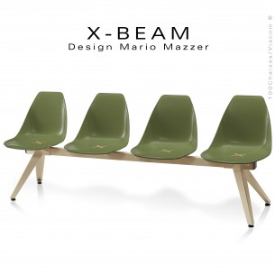 Banc design X-BEAM, structure acier peint sable, assise coque plastique couleur kaki avec incrustation bois.