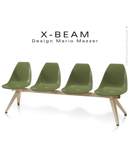 Banc design X-BEAM, structure acier peint sable, assise coque plastique couleur kaki avec incrustation bois.