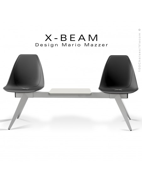Banc design X-BEAM, avec tablette, structure acier peint gris-argent, assise coque plastique anthracite avec incrustation bois.