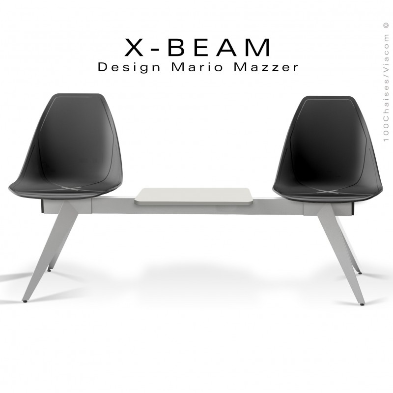 Banc design X-BEAM, avec tablette, structure acier peint gris-argent, assise coque plastique anthracite avec incrustation bois.